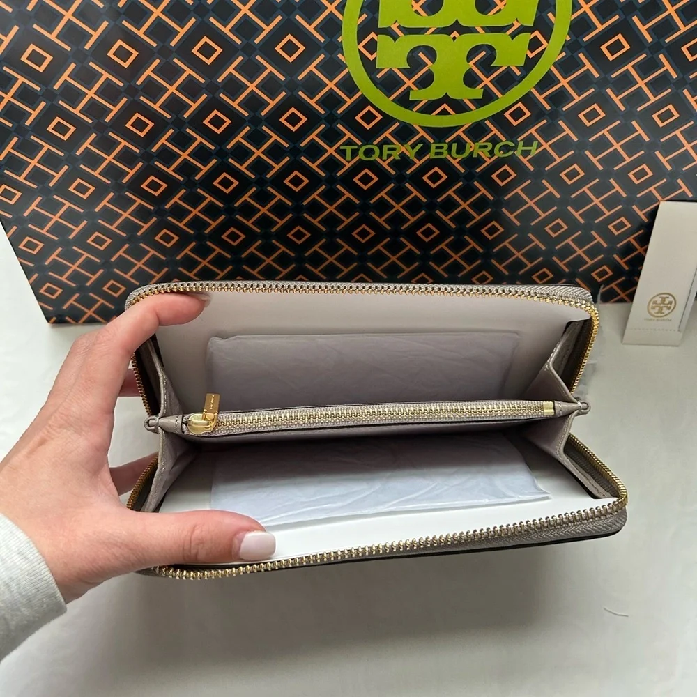 Tory Burch Walker Zip Continental Wallet Gray Heron Gold Grey